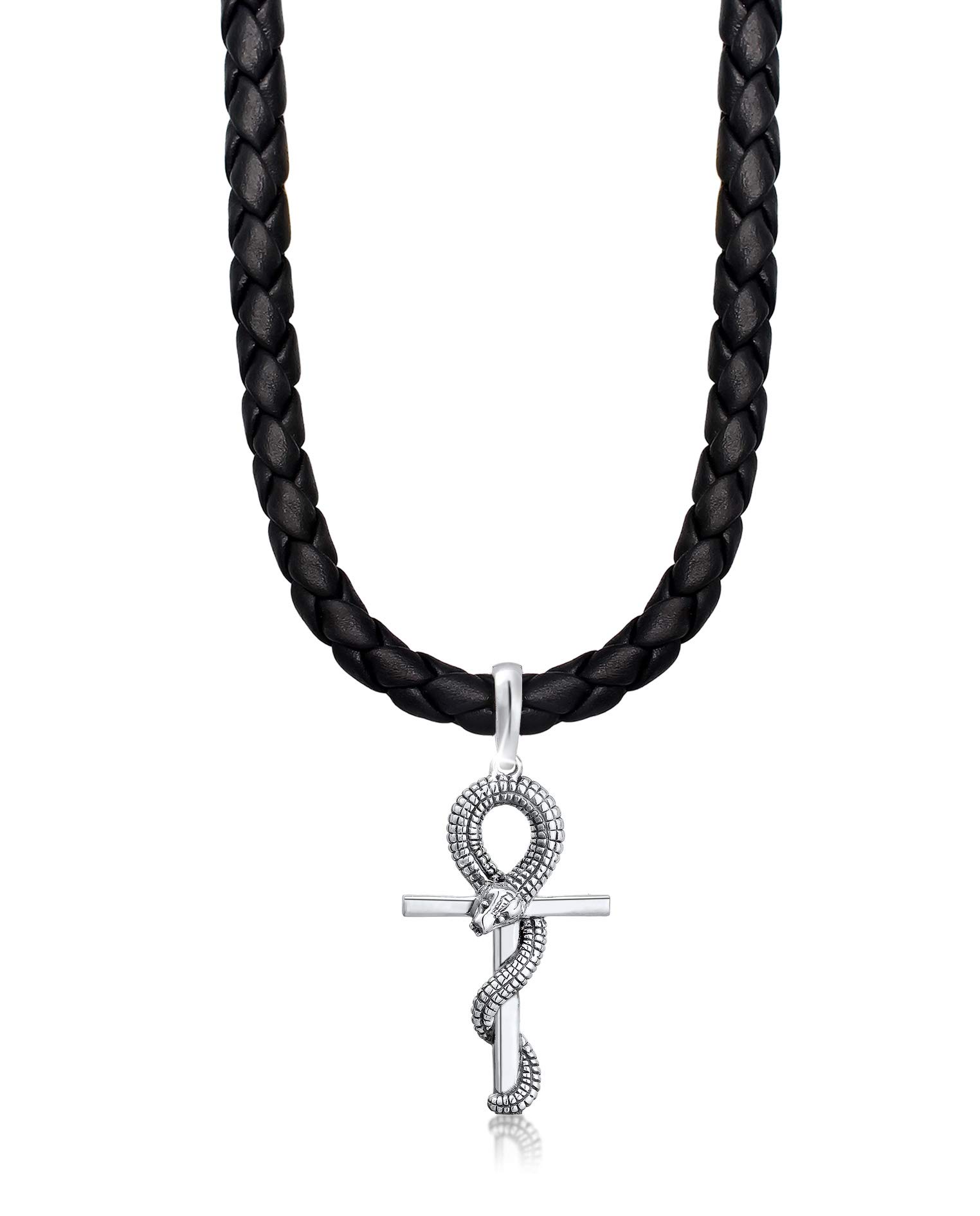 Kuzzoi Exclusive 0111642718 Men's Leather Necklace with Cross Snake Pendant Made of Solid 925 Sterling Silver Braided Cowhide Leather Black Length 50 cm - 55 cm Width 5.5 mm, Leather
