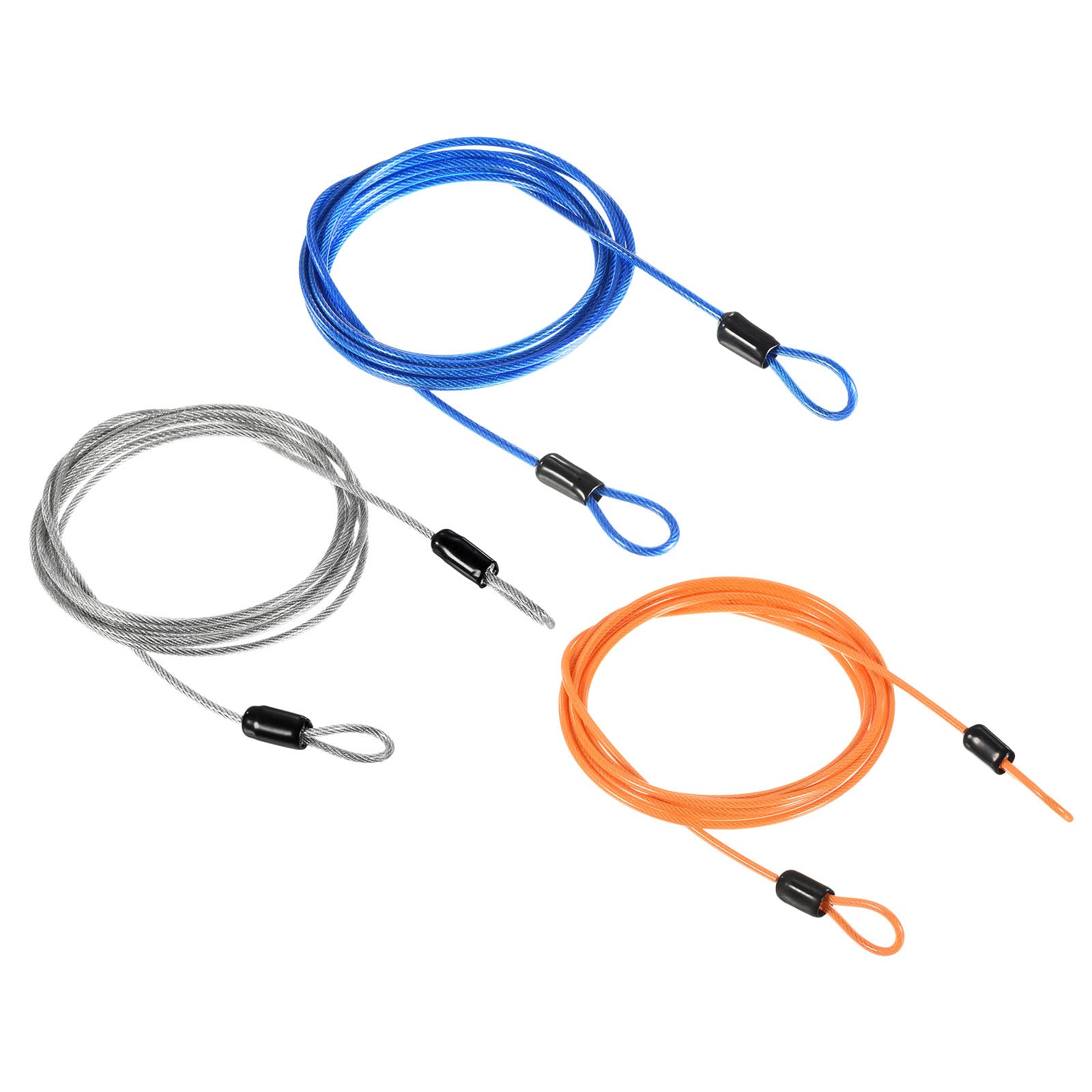 PATIKIL Security Steel Cable 2.5mm x 2m/6.56ft Coated Luggage Lock Wire Rope with Double Loop Transparent, Blue, Orange 3 Pack