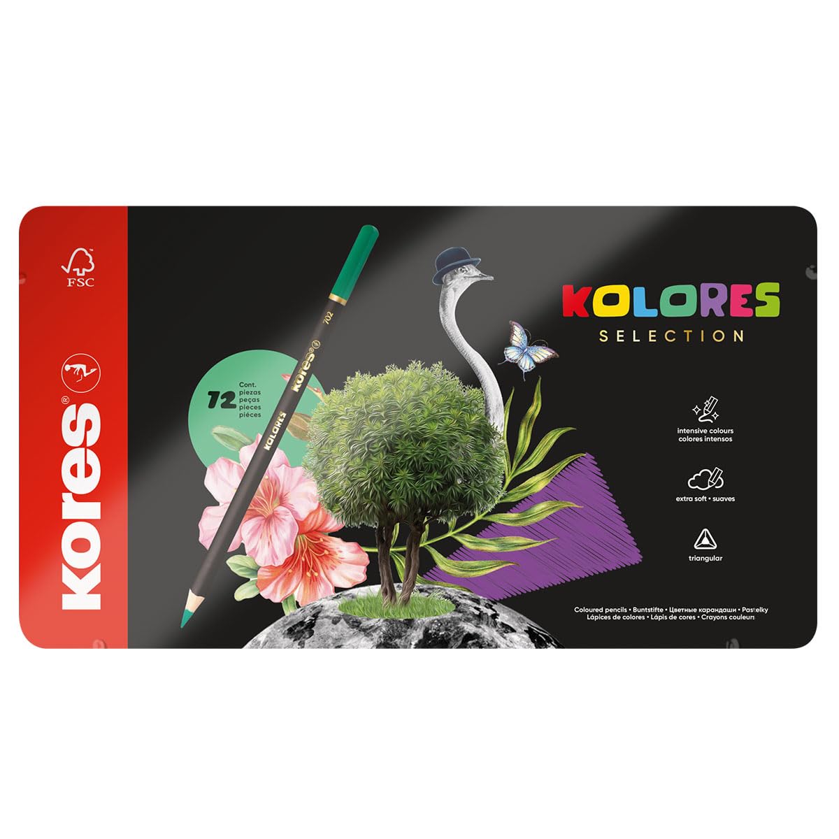 KORES - Kolores Selection - 72 Pencils, Includes 8 Metallic and 4 Neon Colouring Pencils - Colouring Pencils with Soft Lead, Triangular Shape, FSC Wood - Back to School Supplies - 72 in Metal Case