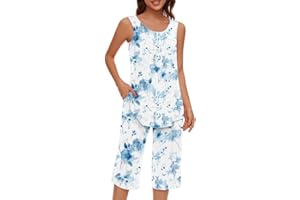 Kinrui Womens 2 Piece Capri Outfits Summer Lounge Wear Sleeveless Tank Tops Pocketed Pants Soft Comfy Pajama Sets Tracksuit