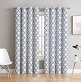 HLC.ME Lattice Print Thermal Insulated Blackout Room Darkening Window Curtains for Bedroom - Platinum White & Navy Blue - 52