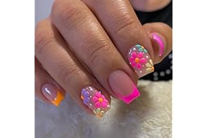 ATLKDLK 24Pcs Press on Nails Short French Fake Nails Acrylic Square Nude Pink False Nails with Flower Designs Full Cover Stick on Nails Glue on Nails for Women and Girls