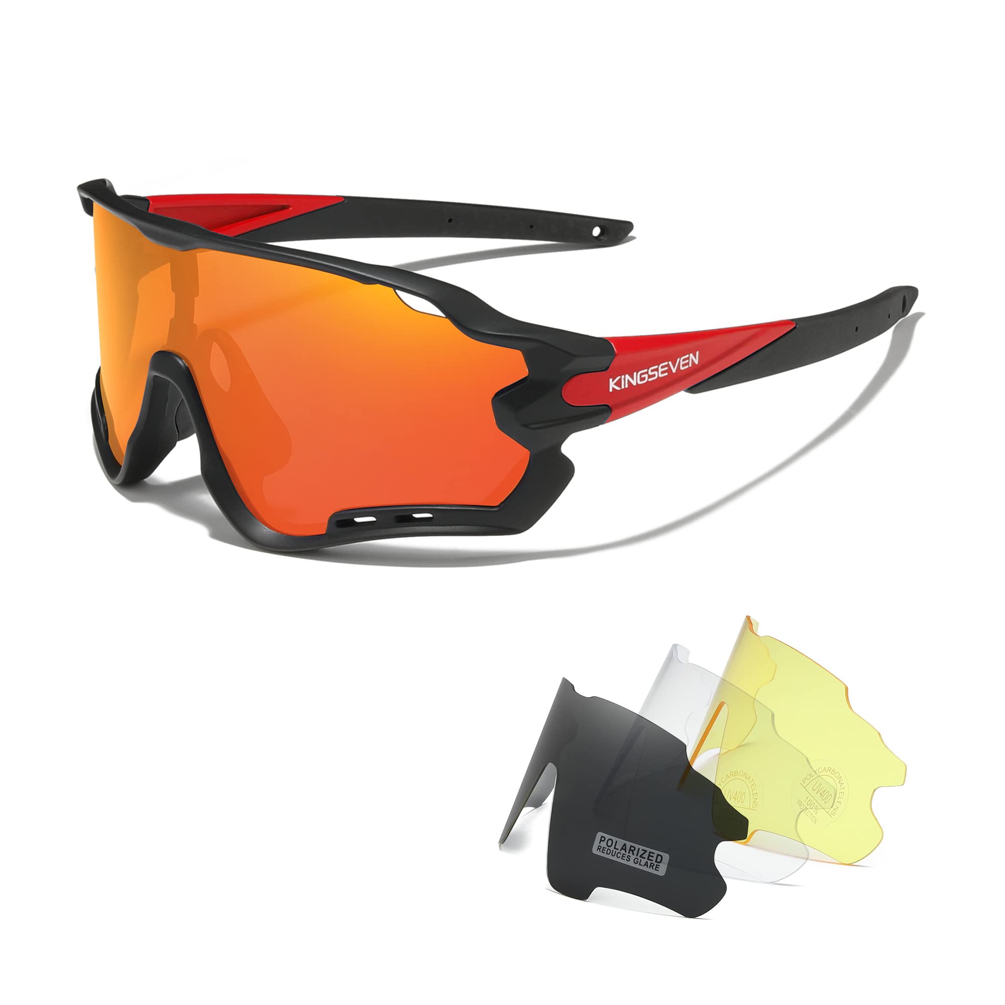 KINGSEVEN Polarized Cycling Glasses for Men Women Bicycle Sports MTB Road Bike Sunglasses with 4 Interchangeable Lenses LS-911 (Red/Orange)