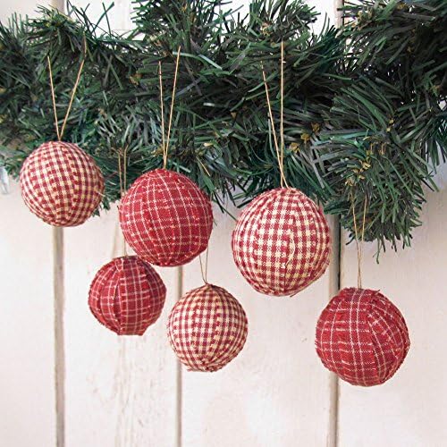 Jubilee Creative Studio Set of 12 Primitive Red & Tea Dye Plaid Cotton Fabric 1.5 inch Ball Christmas Ornaments