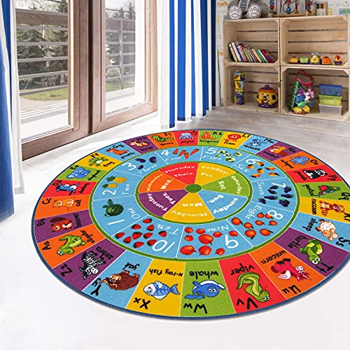 HEBE 4ft Round Kids ABC Rug Alphabet Nursery Rug for Bedroom Playroom