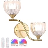 Shenmoyl Battery Operated Wall Sconce, 2-Lights Vinatge Brass Wall Lighting with Clear Tluip Shade Rechargeable Bulb with Rem