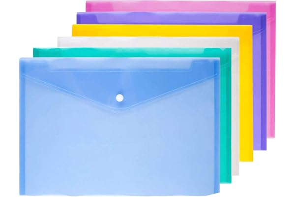 6PACK A4 Plastic Wallets Folder Foolscap Document Office School Files Envelope Folders Pockets, 6 Colors