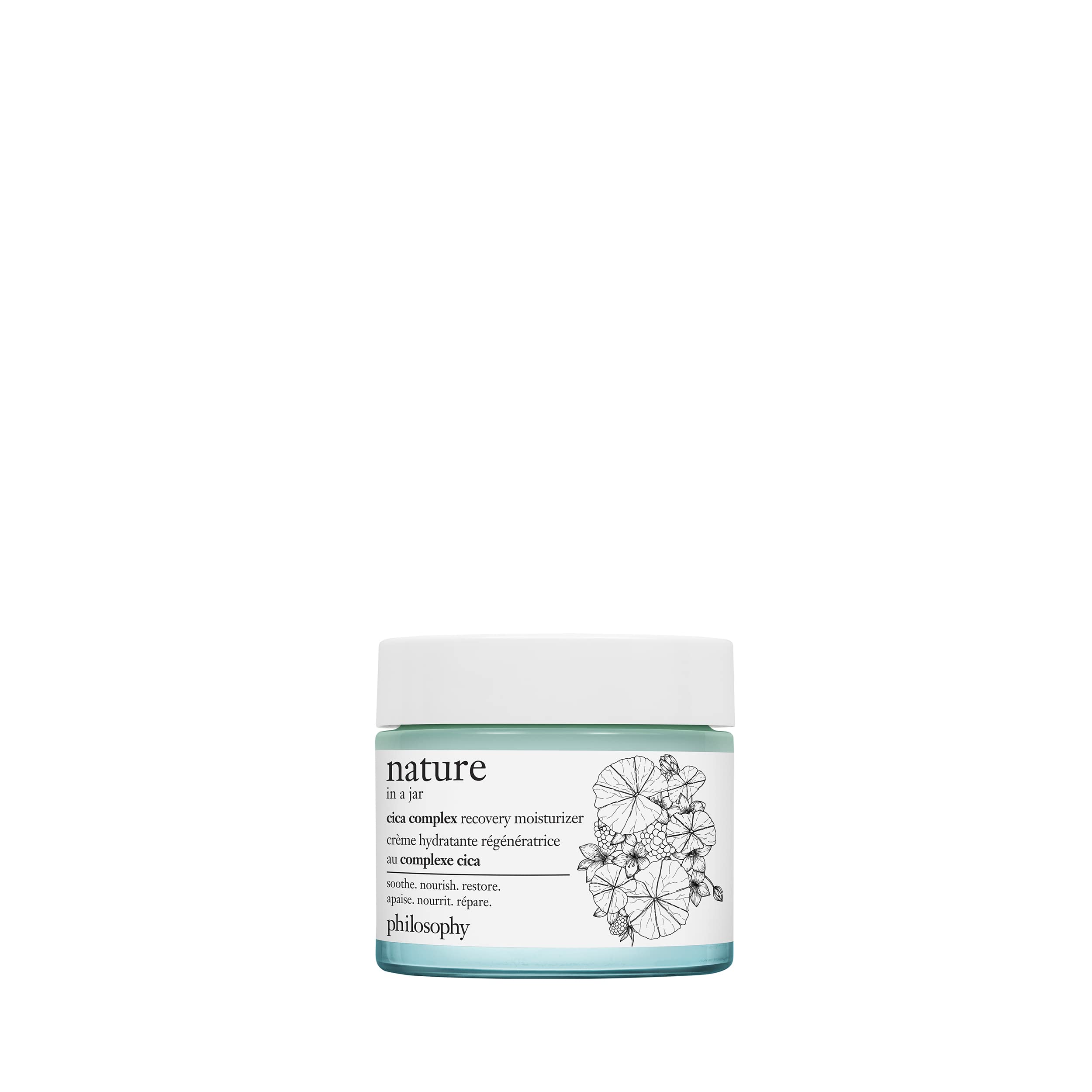 philosophy nature in a jar moisturiser 60ml, cica complex recovery moisturiser, soothe, nourish & restore skin, vegan clean facial product