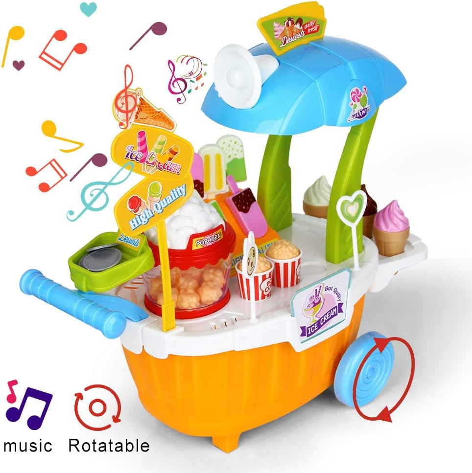 Sinicoo Pretend Play Food Set Popcorn Cart 39 PCS Toy with Music and Lighting Kids boys and girls Toys -Pret002