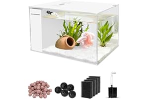 CHARMSHINE Small Fish Tank Betta 2.5 Gallon Desktop Aquarium Kit with LED Light and Water Pump & Black Filter Sponge & Bio Ball Filter Media & Heater Compact Aquarium for Betta Fish, Shrimp(White)