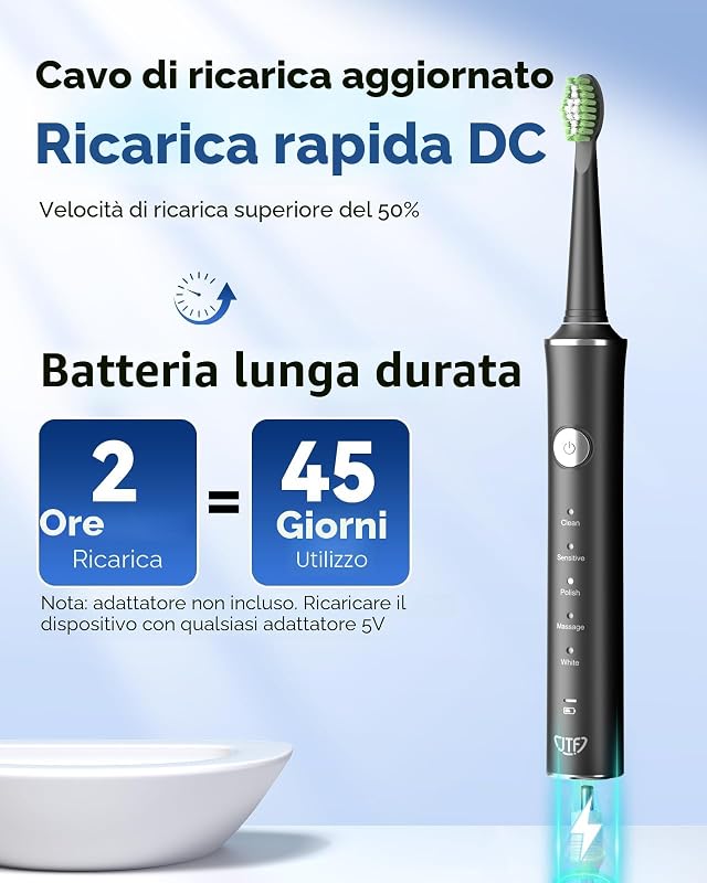 Spazzolino Elettrico Sonico – Pulizia Profonda per Gengive Sensibili, 5 Modalità, 45 Giorni di Batteria, 8 Testine, IPX7 Impermeabile, Timer Intelligente, Ideale per Viaggi (Nero)