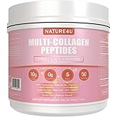 Nature4U Multi Collagen Peptides Powder 10g - Type I, II, III, V, X Hydrolyzed Collagen Protein Powder with Biotin, Hyaluronic Acid, Vitamin C for Hair, Skin, Nails & Joint Support - Unflavored 1.1 lb