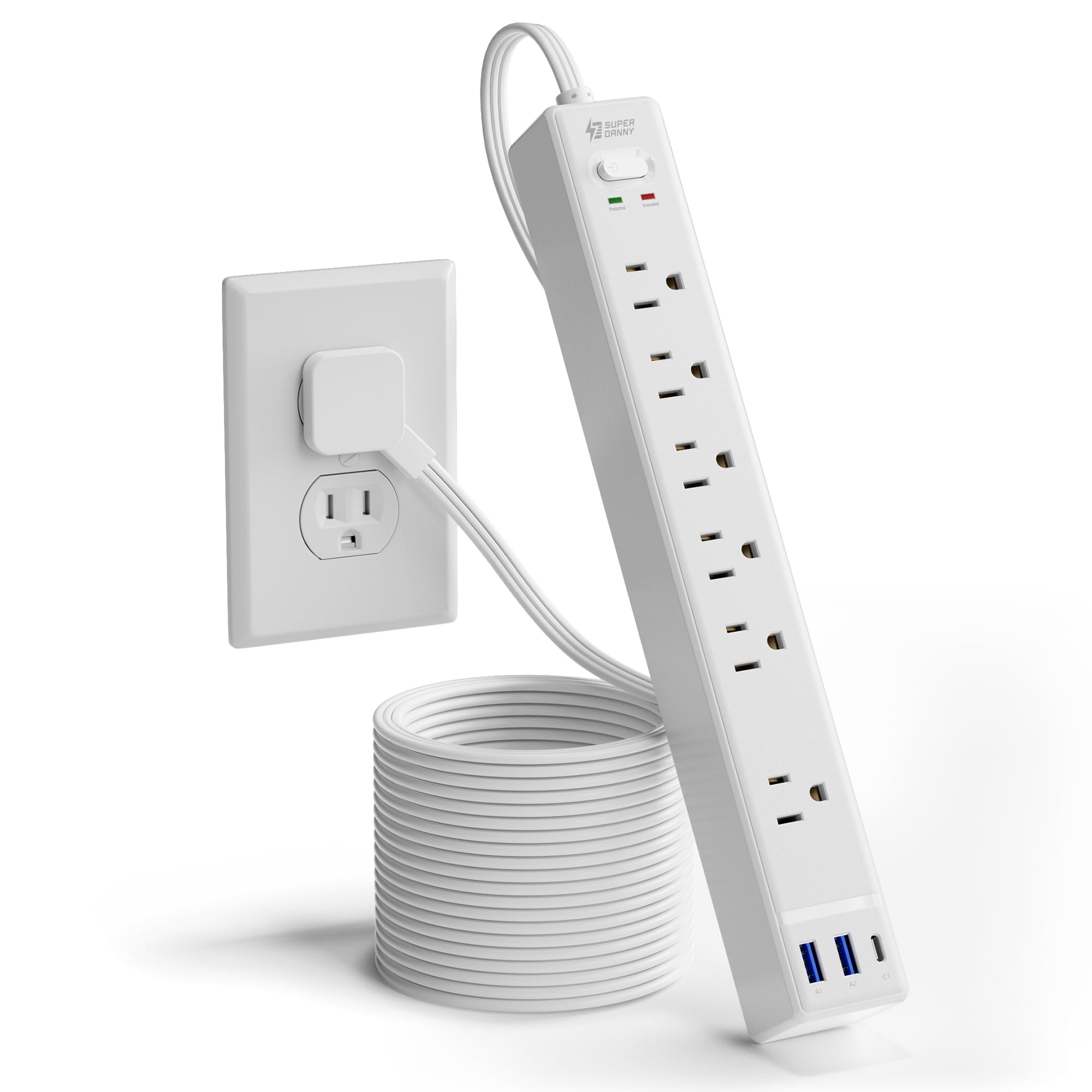 Photo 1 of 10Ft Extension Cord with Multiple Outlets, SUPERDANNY Flat Plug Surge Protector Power Strip 10 Ft Long Cord, 6 Outlets & 3 USB Ports, Charging Station for Home Office, College Dorm Room Essentials