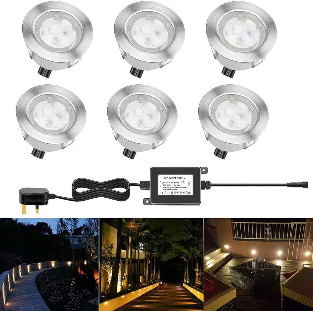 Pack of 6 x 45mm Warm White Led Garden Decking Lights Kitchen Plinth Lights Stainless Steel 12v Recessed Decking Kits [Energy Class A]