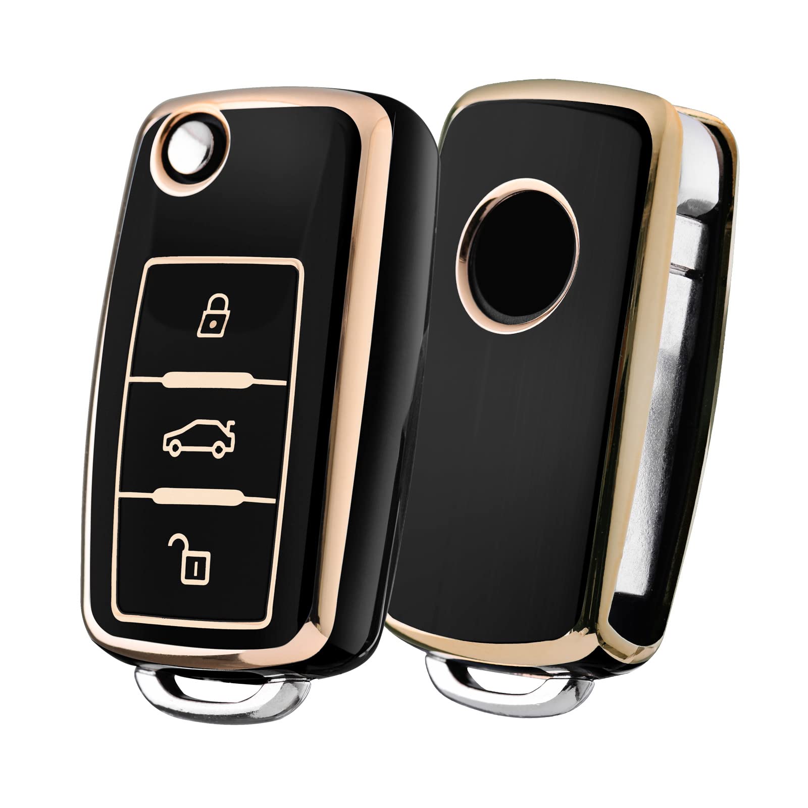 Car Key Cover for VW Golf 3 Key Box/Key Case Cover for VW Polo, Passat, Skoda, Seat, 3 Buttons (Black, Golden Edge)