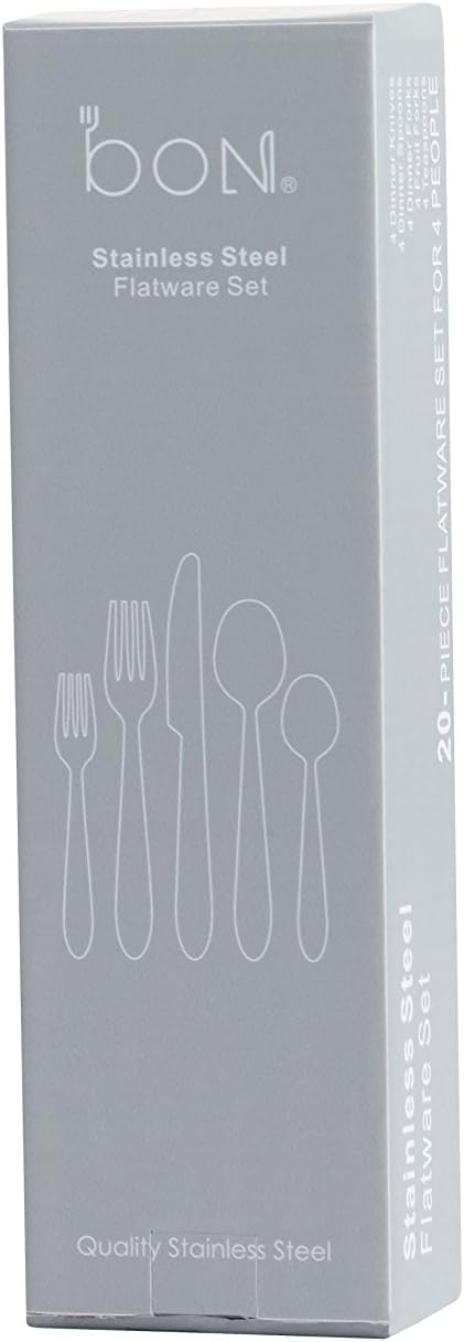  | Bon Camisole 20-Piece Stainless Steel Flatware Silverware Cutlery Set, Include Knife/Fork/Spoon, Dishwasher Safe, Service for 4: Flatware Sets