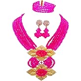 aczuv Fashion African Bead Necklace Nigerian Beads Wedding Jewelry Sets for Women (Fuchsia Pink)