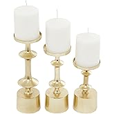 CosmoLiving by Cosmopolitan Aluminum Metal Decorative Candle Holder Pillar Candle Stand, Set of 3 Candlestick Holder 11", 9", 7" H, Gold