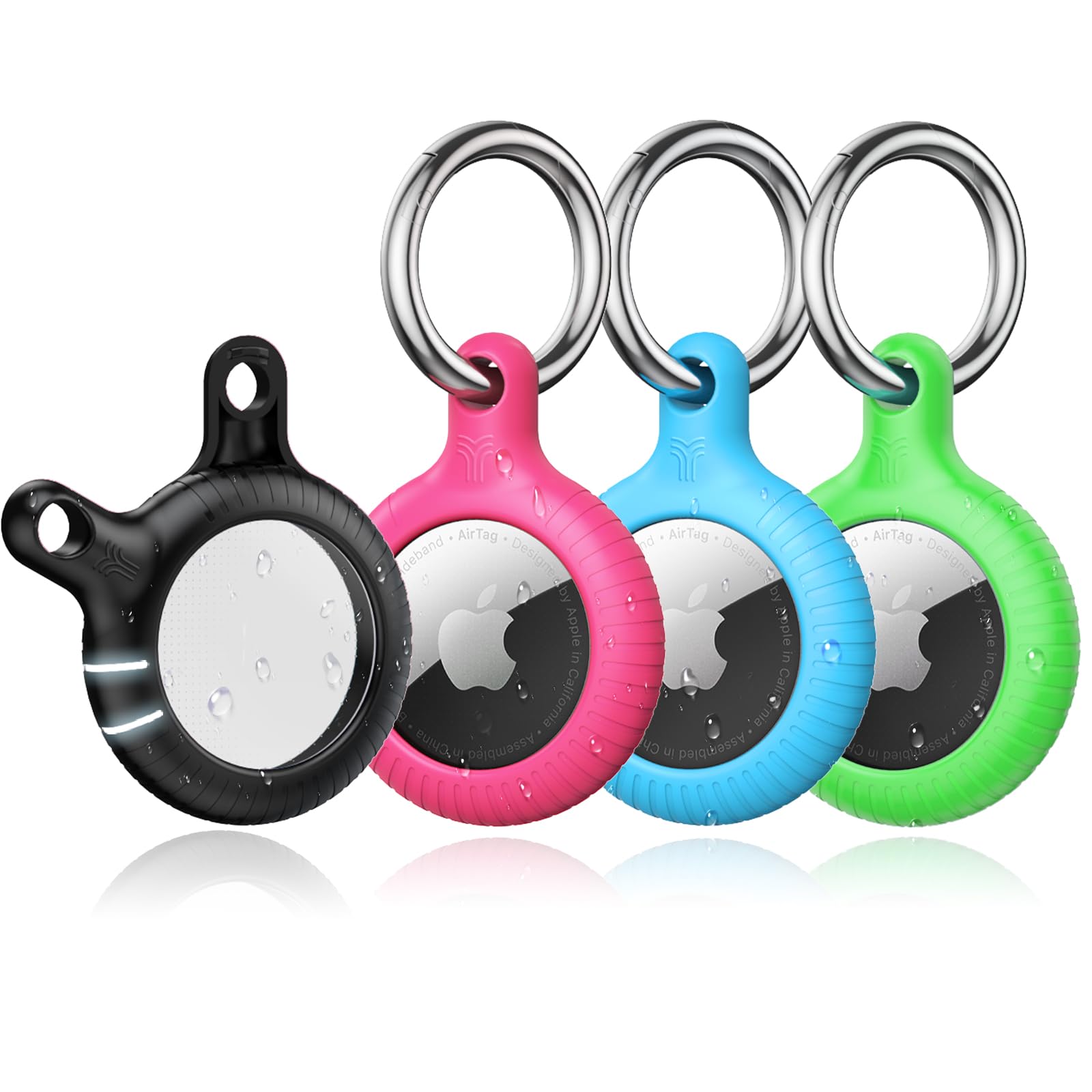 YOSH for Airtag Holder, Airtag Keyring [Twist Lock Design] 4 Pack, TPU & Hard PC Case, 30mm Metal Spring Keychain for Car Keys, Bags, Accessories for Apple AirTag, Black & Pink & Green & Light Blue