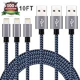 Eashion iPhone Charger, 3Pack 10FT Ultra Long Nylon Braided Lightning Cable USB Charger Cord Compatible with iPhone 7/ 7Plus/ 6/ 6Plus/ 6s/ 6s Plus/ 5s/ 5c/ 5/ SE/ iPad / iPod (Black&Blue)