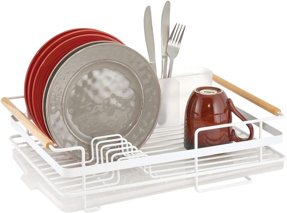 mDesign Dish Drainer Rack — Dish Dryer Set for Plates, Bowls, Mugs, Glassware and Cutlery — Plate Drainer with Drip-Dry Tray for Excess Water — Matte White/Natural
