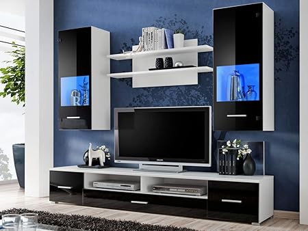 Kryspol Wohnwand Reno Anbauwand Wohnzimmer Set Modern Design Weiss Matt Schwarz Glanz Amazon De Kuche Haushalt