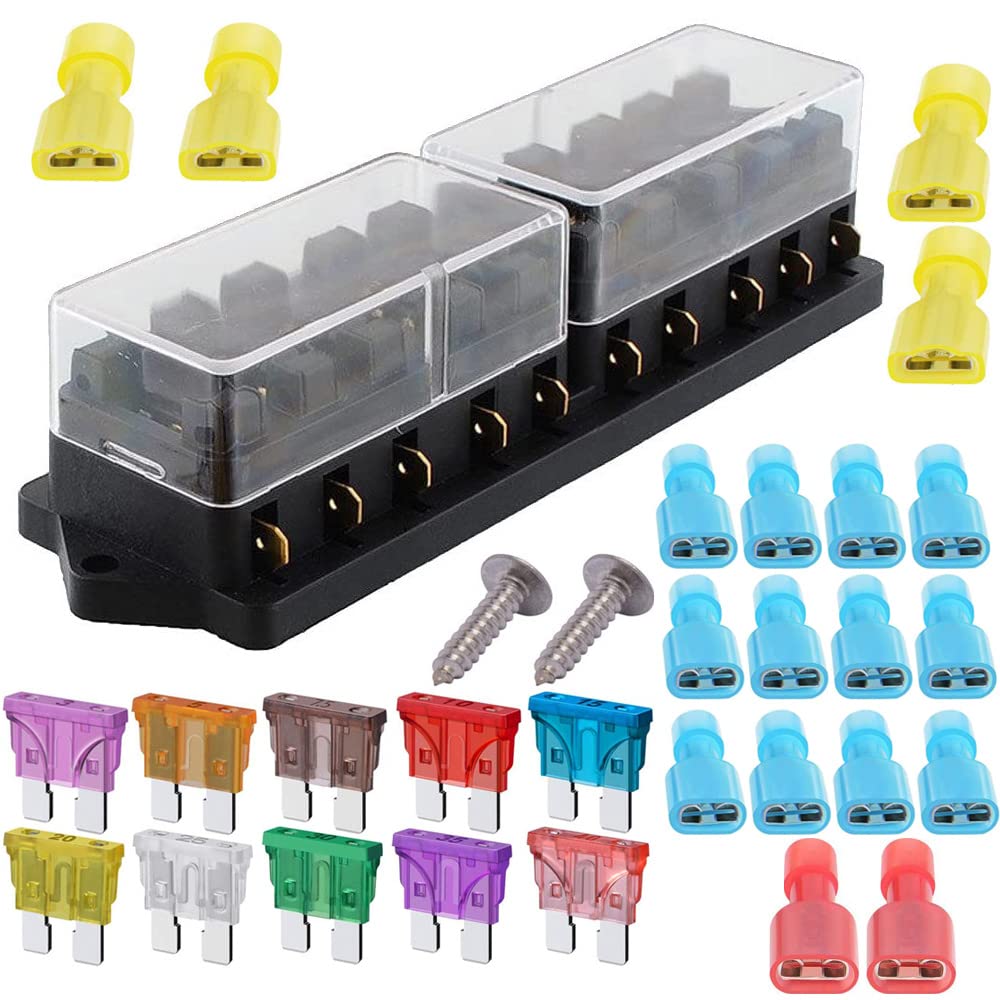 Gebildet 10 Way 32V Universal Car Standard Blade Fuse Holder Box (Apply to 1~40 AMP), with 10pcs Free Blade Fuse (3A/5A/7.5A/10A/15A/20A/25A/30A/35A/40A), Fuse Block for Car/Boat/Marine/Trike