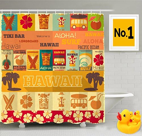 JLBB Tiki Bar Shower Curtain, Retro Travel Cards Collection Holiday in Hawaii Icons Summer Season Vintage Print, Fabric Bathroom Set with Hooks, 66W X 72L Inches Long, Multicolor