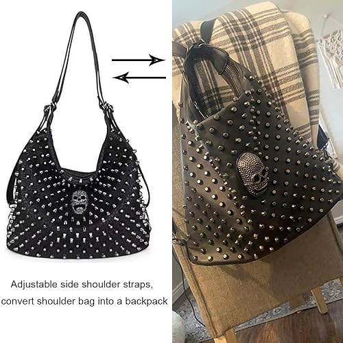 Women's Skull Tote Bag - Faux Leather Shoulder Bag With Rivets & Tassel Punk Style Purse - View #3