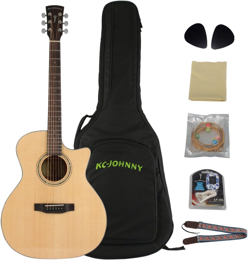 KC-JOHNNY Acoustic Guitar KC-GAM-4150C 41” GA Cutaway All Solid Spruce Mahogany Green Pearl, EXP-16 Strings with Extra String Set, Cloth, Tuner, Picks, Strap, 10mm Guitar Bag
