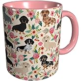 Miowjals Cute Pink Dachshund Sausage Dog With Flowers Funny Novelty Ceramic Coffee Cups With Handle,Dishwasher Microwave Safe