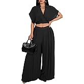 Lounge Sets for Women Two Piece V Neck Crop Top Flowy Pants Set Vacation Travel Summer Outfits