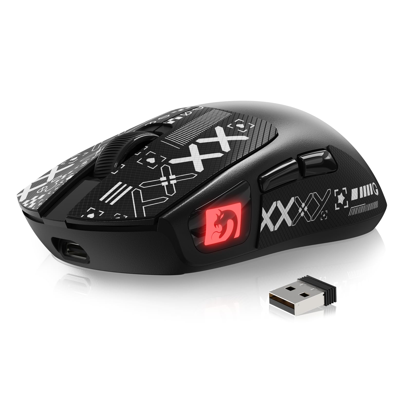 MAMBASNAKE M4 Ultra-Light Wireless Gaming Mouse 52g, 24000 DPI PAW3311 Optical Sensor,2.4G/BT/Wired Ergonomic Computer Mice, RGB Lighting,400mAh Battery, Programmable Mouse for PC/Win/MAC-Black &Tape