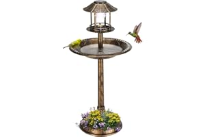 Outvita Outdoor Bird Bath, Garden Bird Baths Decorations with Solar-Powered Lamp and Resin Pedestal Flower Planter Base Bird Feeder for Yard Patio