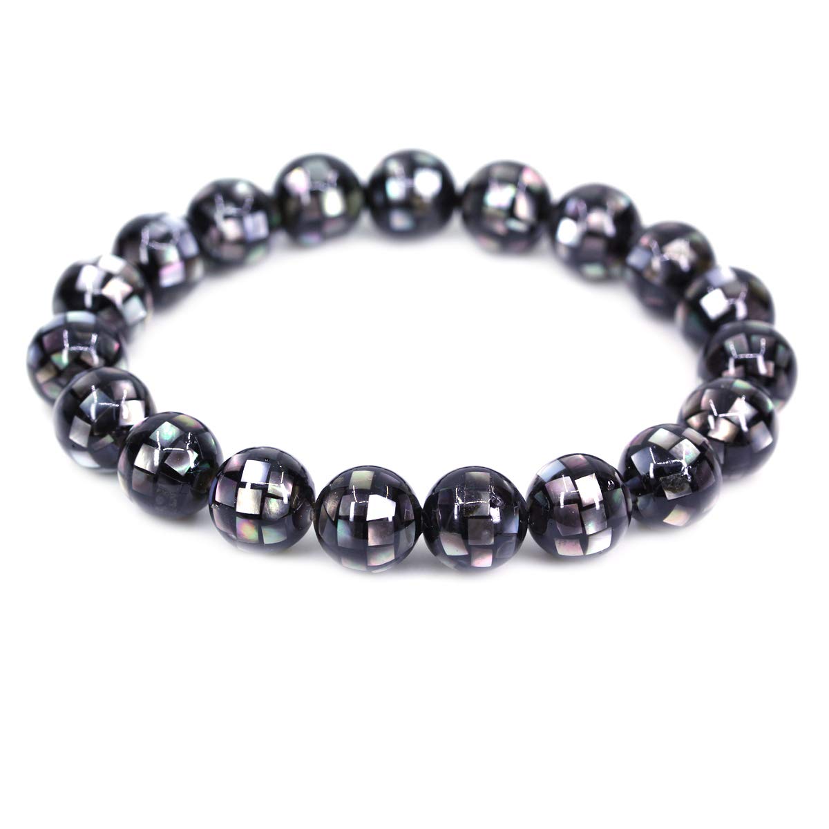 CHENYUE Natural Mosaic Black Shell Gemstone 10mm Round Beads Stretch Bracelet 7" Unisex โ image 1
