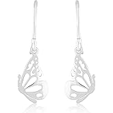 MOMAL JEWELS Sterling Silver Butterfly Wing Drop Dangle Earrings, Filigree Open Work Design, Silver Plating Woman Ear gift Earrings