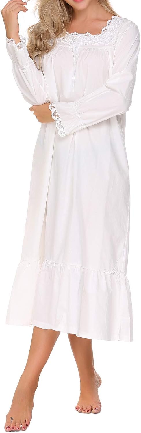 Ekouaer Sleepwear Victorian Nightgown Cotton Sleepshirt Long Sleeve Pajama Dress Vintage Loungewear for Women at  Women’s Clothing store