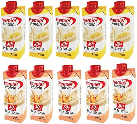 Premier Protein High Protein Shake, Bananas &amp; Cream, Peach &amp; Cream (11 fl. oz., 10 pack)