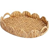 StorageWorks Elliptical Wicker Scalloped Tray, Rattan Serving Trays with Handles, Water Hyacinth Basket for Decorative & Organizing, 16.5" L x 13" W x 2.8" H