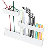 Kucle Acrylic Straw Organizer for Cabinet Door - 9.5'' Large White Adjustable 3-Part Reusable Drinking Straw Holder Dispenser Kitchen Accessories Container Cupboard Door Mounted