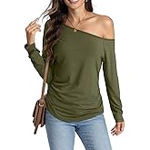 Eachyes Womens Off Shoulder Side Ruched Shirt Long Sleeve Casual Boat Neck Tee Loose Fit Y2K Going Out Top Fall Blouse