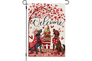 CROWNED BEAUTY Valentines Day Dogs Garden Flag 12x18 Inch Double Sided for Outside Welcome Small Burlap Red Hearts Holiday Yard Flag