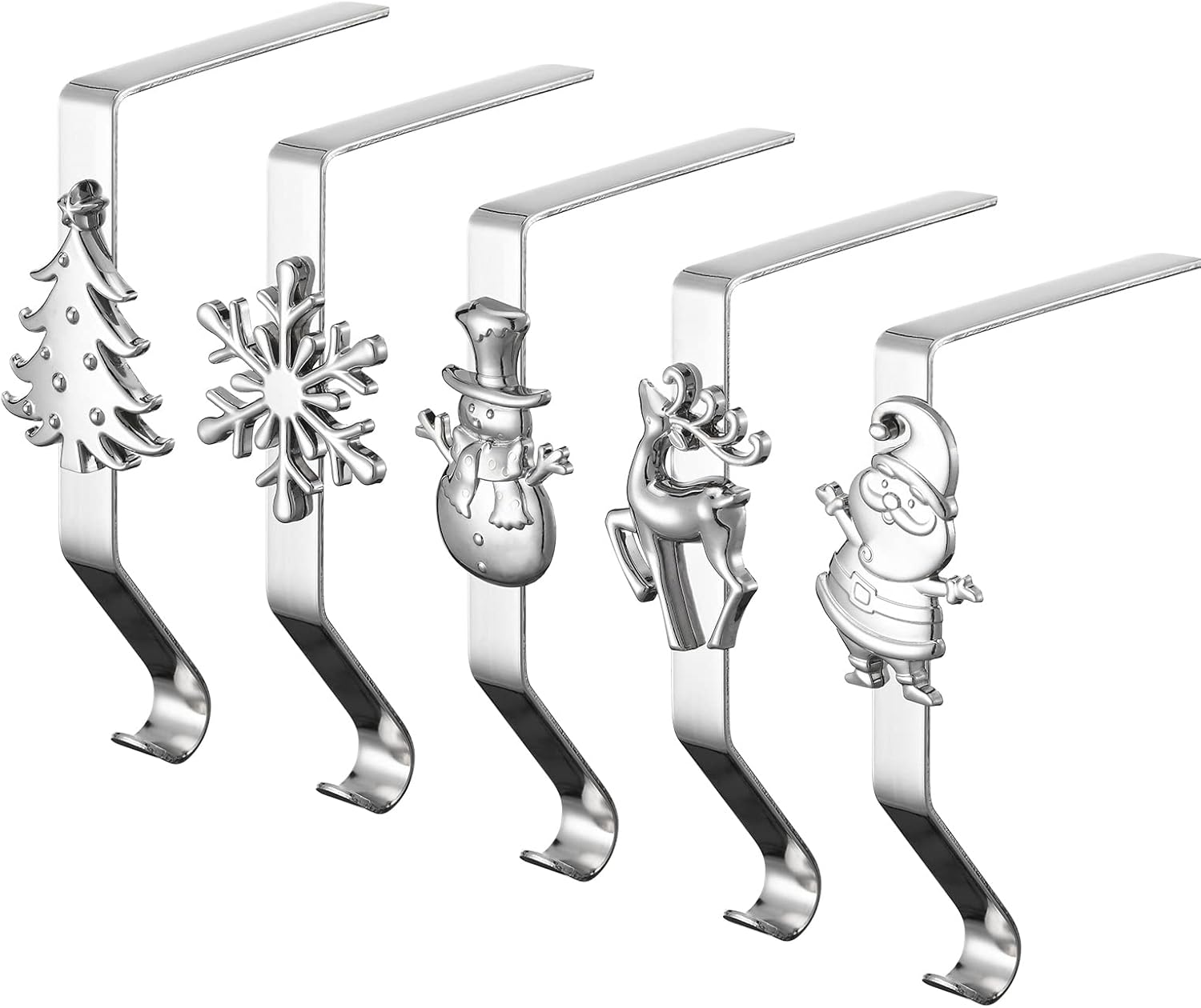 Ornament Hooks - Yuokwer Pack of 5 Christmas Stocking Holders for Mantel-Stocking Hooks Hanger for Fireplace Christmas Stocking Clips for Christmas Party Decoration (Silver, 5)