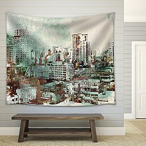 Cityscape with Abstract Textures,Illustration Painting - Fabric Wall Tapestry Home Decor - 51x60 inches