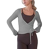 Womens Pilates Wrap Tie Top Y2k Slim Fit Long Sleeve Ballet Workout Top Yoga Cover Up Shirt Casual Outfit