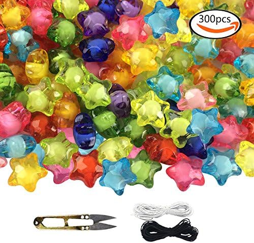 WXBOOM 300pcs 12mm Assorted Colorful Acrylic Beads in Beads Translucent Star Beads with 1 Pair of Scissors, 1 Black and 1 White Cord for Kids DIY and Jewelry Accessory