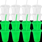 Honeydak 15 Pack 16 oz Glow in The Dark Cups Gift Bulk Light up Neon Plastic Tumbler with Straw and Lid Glow in The Dark Party Supplies Water Bottle Iced Coffee Mug Reusable (Fluorescent Green)