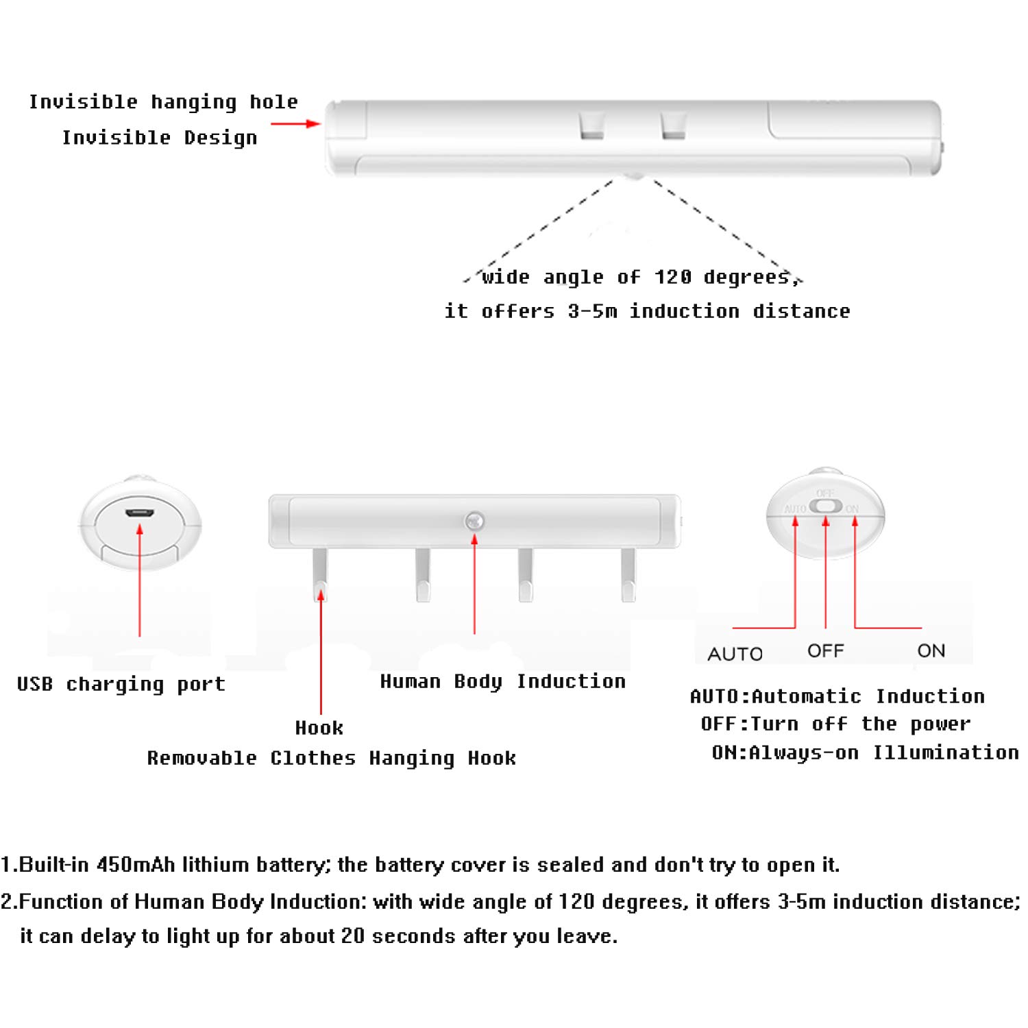 BXROIU LED Night Light Motion Sensor USB Rechargeable,Removable Coat Hook Sensor Wardrobe Lighting for Room, Hallway, Basement, Garage, Closet (Cold White)