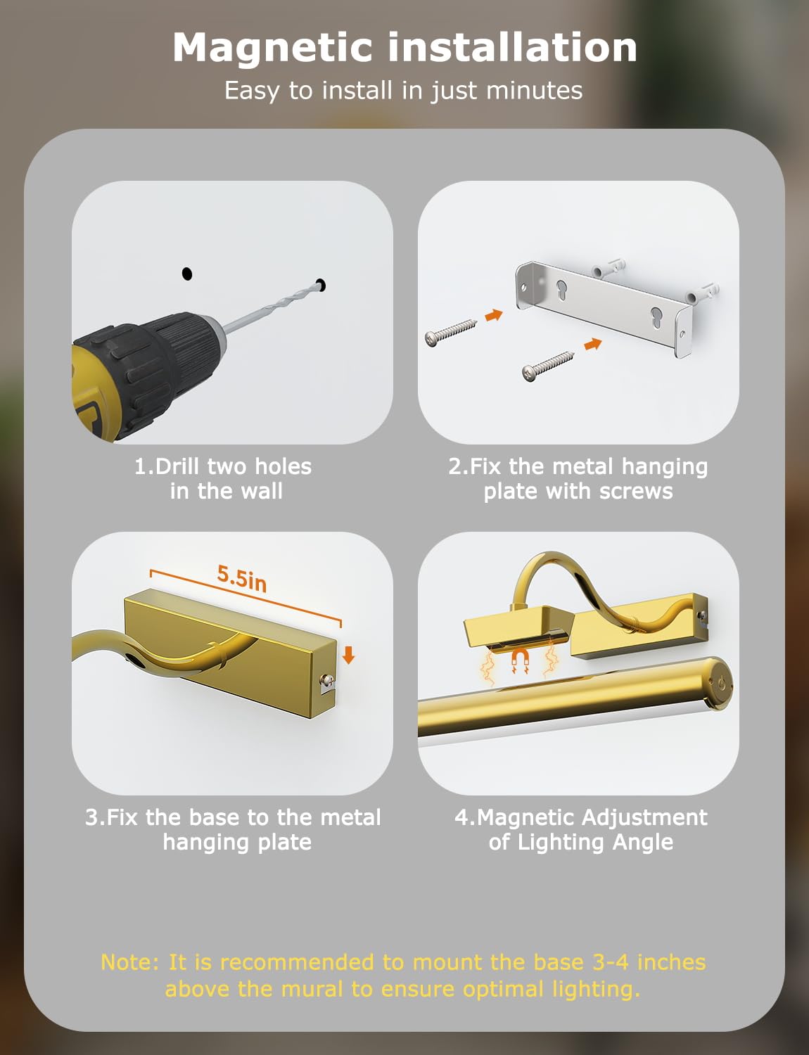 Picture Light Battery Operated, 13in Wireless Art Light for Paintings, Dimmable 5000mAh Recharging Battery Picture Light with Remote Control for Wall, Gallery Dartboard Art Bedroom (Gold-2Pack)