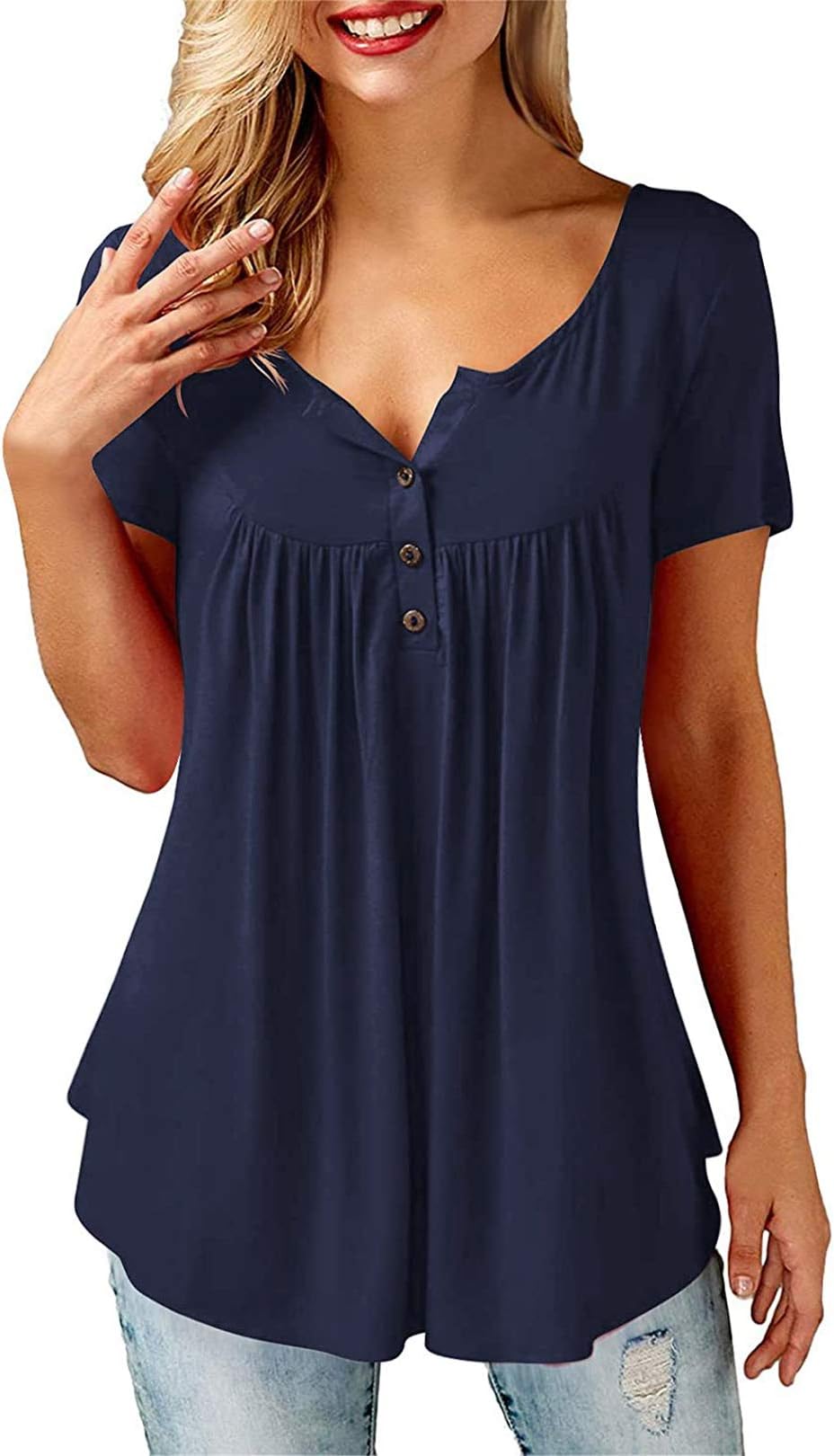 Women Casual V Neck Pleated Tunic Tops Shirts Blouse